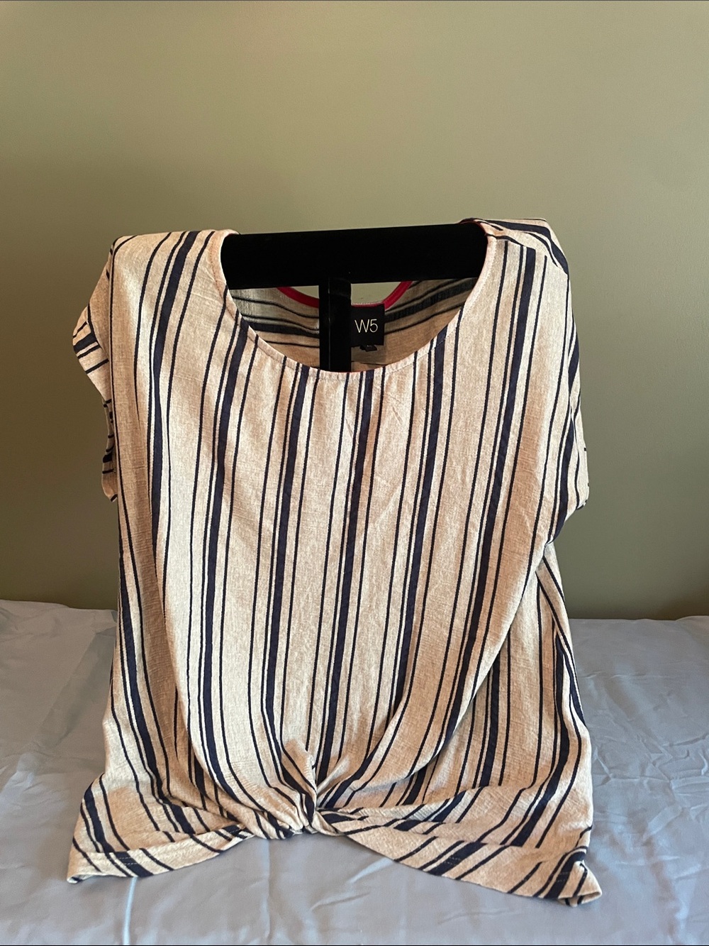 W5 Beige and Navy Striped Knot-Front Tank Top